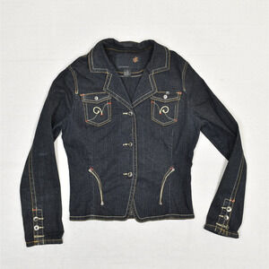 Rocawear Women's Button Denim Blazer Jacket Solid Cotton Black Size XL Y2K